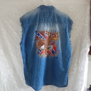 Biker wear 2X plus tank top denim look front pockets graphics on back